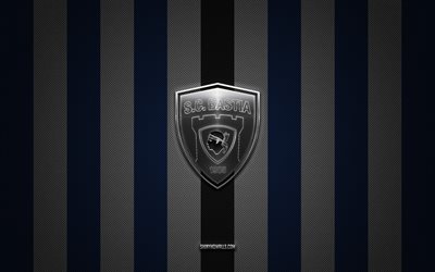 sc bastia logo, french football club, ligue 2, blue white carbon hintergrund, sc bastia emblem, fußball, sc bastia, frankreich, sc bastia silver metal logo
