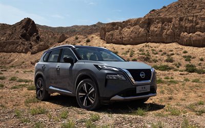 nissan x-trail, 4k, desert, 2022 cars, offroad, crossover, cn-spec, nissan x-trail t33, grey nissan x-trail, 2022 nissan x-trail, caps, cars, nissan