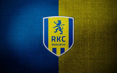 crachá rkc waalwijk, 4k, fundo azul de tecido amarelo, eredivisie, logotipo rkc waalwijk, emblema rkc waalwijk, logotipo esportivo, holandês clube de futebol, rkc waalwijk, futebol, waalwijk fc