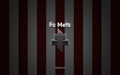 FC Metz logo, French football club, Ligue 2, burgundy white carbon background, FC Metz emblem, football, FC Metz, France, FC Metz silver metal logo