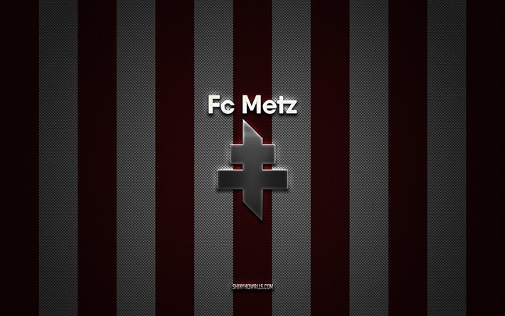 FC Metz logo, French football club, Ligue 2, burgundy white carbon background, FC Metz emblem, football, FC Metz, France, FC Metz silver metal logo