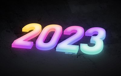 4k, 새해 복 많이 받으세요 2023, 무지개 3d 자리, 2023 개념, 창의적인, 2023 새해 복 많이 받으세요, 네온 3d 자리, 3d 아트, 2023 다채로운 숫자, 2023 회색 배경, 2023 년, 2023 3d 자리