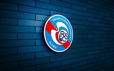 rc strasbourg alsace 3d logo, 4k, blue brickwall, ligue 1, soccer, french football club, rc strasbourg alsace logo, rc strasbourg alsace emblem, football, rc strasbourg alsace, sports logo, strasbourg alsace fc