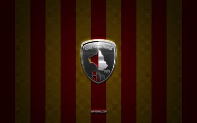 شعار rodez af, نادي كرة القدم الفرنسي, دوري 2, خلفية الكربون الصفراء الحمراء, rodez af emblem, كرة القدم, rodez af, فرنسا, شعار rodez af silver metal
