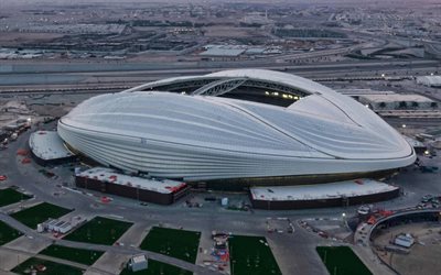 Al Janoub Stadium, night aerial view, Al Wakrah Stadium, Al-Wakrah Sports Club stadium, Al Wakrah, Qatar, soccer stadium, 2022 FIFA World