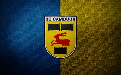 sc cambuurバッジ, 4k, 青い黄色の生地の背景, eredivisie, sc cambuurロゴ, sc cambuurエンブレム, スポーツロゴ, オランダフットボールクラブ, sc cambuur, サッカー, フットボール, cambuur fc