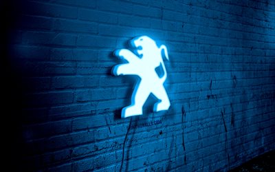 logotipo de néon peugeot, 4k, bluewall brickwall, arte grunge, creative, cars brands, logotipo em wire, logotipo peugeot blue, logotipo peugeot, arte, peugeot