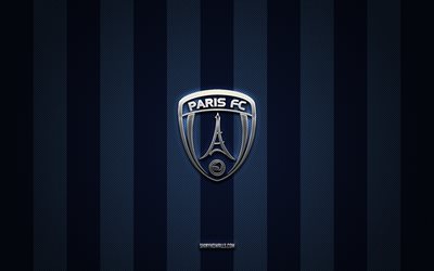 logotipo de parís fc, french football club, ligue 2, fondo de carbono azul, emblema de parís fc, football, paris fc, francia, parís fc silver metal logo