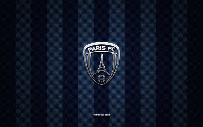 paris fc logo, french football club, ligue 2, blue carbon background, paris fc emblem, football, paris fc, francia, parigi fc silver metal logo