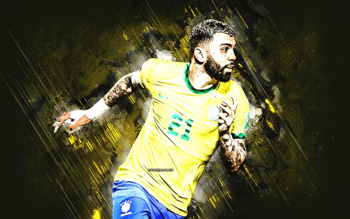gabriel barbosa, brasilianische nationalfußballmannschaft, porträt, brasilianischer fußballspieler, gelbe steinhintergrund, fußball, brasilien