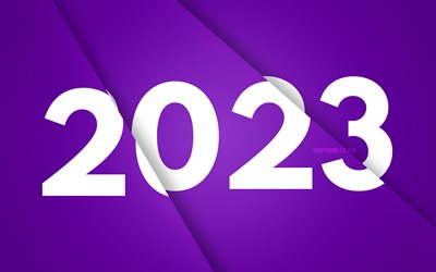 4k, frohes neues jahr 2023, violettes materialdesign, 2023 konzepte, violettes papierscheibenhintergrund, 2023 frohes neues jahr, 3d -kunst, kreativ, 2023 violetthintergrund, 2023 jahr, 2023 3d -ziffern