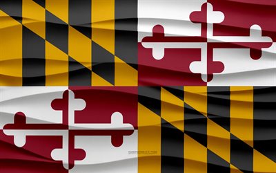 4k, Flag of Maryland, 3d waves plaster background, Maryland flag, 3d waves texture, American national symbols, Day of Maryland, American states, 3d Maryland flag, Maryland, USA