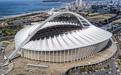 4k, Moses Mabhida Stadium, Durban, South Africa, aerial view, football stadium, top view, AmaZulu FC Stadium, Durban city skyline, South Africa national soccer team