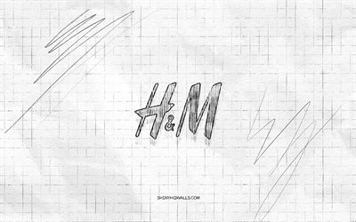 h y m logotipo de boceto, 4k, fondo a cuadros, logotipo negro h y m, marcas de moda, bocetos de logotipo, logotipo h y m, dibujo a lápiz, h y m