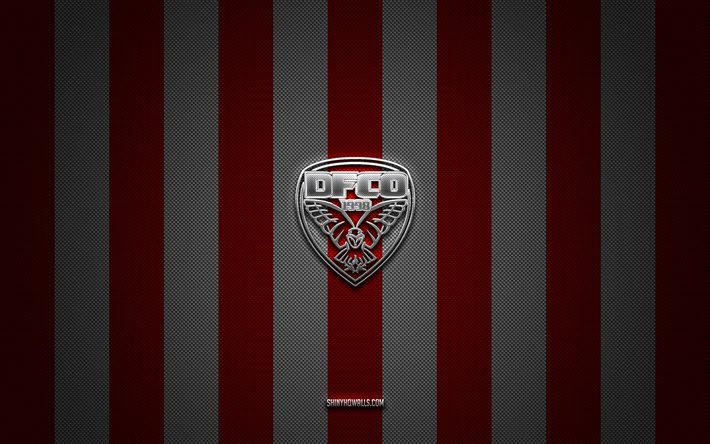 شعار ديجون fco, نادي كرة القدم الفرنسي, دوري 2, خلفية الكربون الأبيض الأحمر, كرة القدم, ديجون فوك, فرنسا, شعار dijon fco silver metal