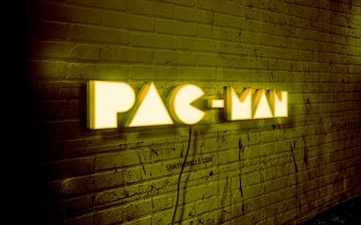 pac-man neon logosu, 4k, sarı brickwall, grunge sanat, yaratıcı, oyun markaları, logo on wire, pac-man kırmızı logosu, pac-man logosu, sanat, pac-man
