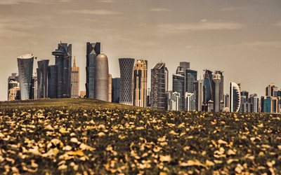 도하, 카타르, 저녁, 버즈 도하, 고층 빌딩, 도하 스카이 라인, 도하시 스케이프, 도하 타워, 탑 타워, 세계 무역 센터 도하, 팜 타워 2, 현대 건물