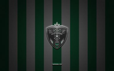 como logotipo saint-etienne, french football club, ligue 2, fundo de carbono branco verde, como emblema de saint-etienne, futebol, como saint-etienne, frança, como saint-etienne silver metal logo