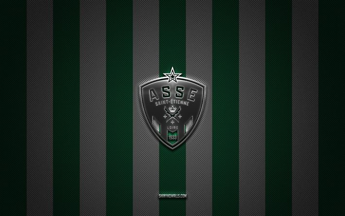 saint-etienne logosu, fransız futbol kulübü, ligue 2, yeşil beyaz karbon arka plan, saint-etienne amblemi, futbol, ​​saint-etienne, fransa, saint-etienne gümüş metal logosu olarak