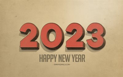 2023 새해 복 많이 받으세요, 4k, 2023 레트로 배경, 3d 빨간색 문자, 2023 개념, 새해 복 많이 받으세요 2023, 브라운 레트로 2023 배경