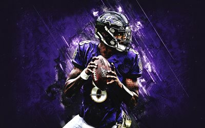 Lamar Jackson, Baltimore Ravens, NFL, American football, purple stone background, National Football League, USA
