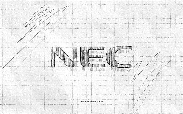 logo sketch nec, 4k, sfondo di carta a scacchi, logo nec nero, marchi, schizzi di logo, logo nec, disegno a matita, nec