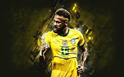 Neymar, Brazil national football team, goal, portrait, yellow stone background, football, Brazil, grunge art