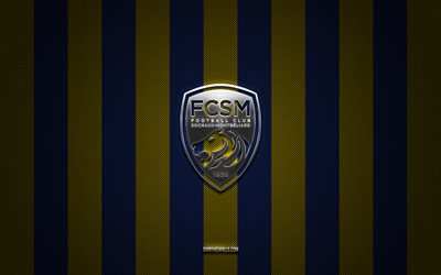 fc sochaux-montbeliard-logo, french football club, ligue 2, blue yellow carbon hintergrund, fc sochaux-montbeliard-emblem, fußball, fc sochaux-montbeliard, frankreich, fc sochaux-montbeliard silber metal logo