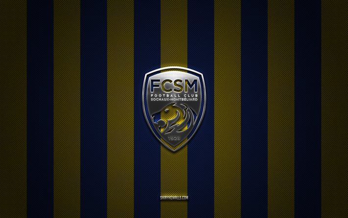 fc sochaux-montbeliardロゴ, フランスのフットボールクラブ, リーグ2, 青色の黄色の炭素の背景, fc sochaux-montbeliard emblem, フットボール, fc sochaux-montbeliard, フランス, fc sochaux-montbeliard silver metal logo