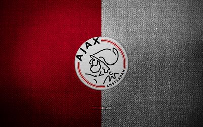 afc ajax badge, 4k, hintergrund des roten weißen stoffes, eredivisie, afc ajax -logo, afc ajax emblem, sportlogo, niederländischer fußballverein, afc ajax, fußball, ajax fc