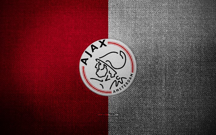 afc ajax badge, 4k, hintergrund des roten weißen stoffes, eredivisie, afc ajax -logo, afc ajax emblem, sportlogo, niederländischer fußballverein, afc ajax, fußball, ajax fc