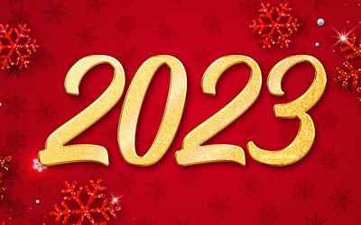 4k, 2023 feliz ano novo, padrões de flocos de neve, 2023 conceitos, dígitos de glitter dourado, 2023 dígitos 3d, feliz ano novo 2023, criativo, 2023 dígitos de ouro, 2023 red background, 2023 anos