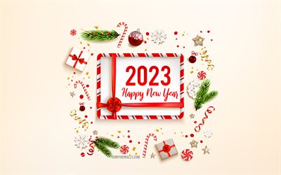 Happy New Year 2023, 4k, Christmas background, 2023 concepts, 2023 greeting card, 2023 Happy New Year, 2023 Christmas background, gifts
