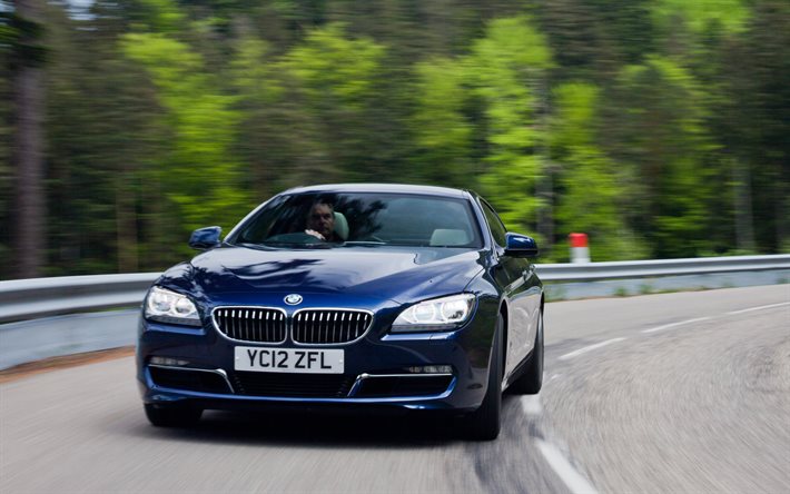 BMW 640d Gran Coupe, 4k, highway, 2013 cars, F06, UK-spec, Blue BMW 640d Gran Coupe, german cars, BMW