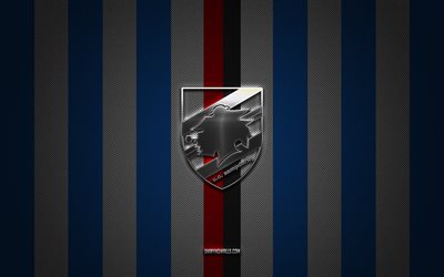 uc sampdoria logosu, italyan futbol kulübü, serie a, mavi beyaz karbon arka plan, uc sampdoria amblemi, futbol, uc sampdoria, italya, sampdoria gümüş metal logo