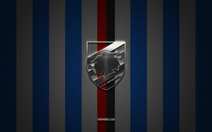 uc sampdoria-logo, italienischer fußballverein, serie a, blau-weißer kohlenstoffhintergrund, uc sampdoria-emblem, fußball, uc sampdoria, italien, sampdoria-silbermetalllogo