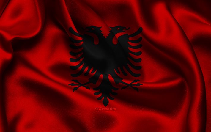 albânia bandeira, 4k, países europeus, cetim bandeiras, bandeira da albânia, dia da albânia, ondulado cetim bandeiras, bandeira albanesa, albanês símbolos nacionais, europa, albânia