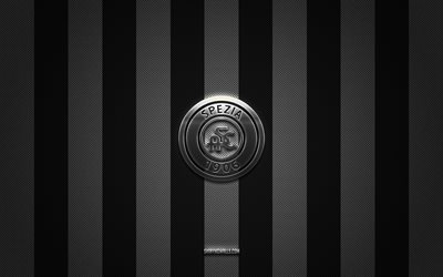 logotipo de spezia calcio, club de fútbol italiano, serie a, fondo de carbono blanco negro, emblema de spezia calcio, fútbol, spezia calcio, italia, logotipo de metal plateado de spezia calcio