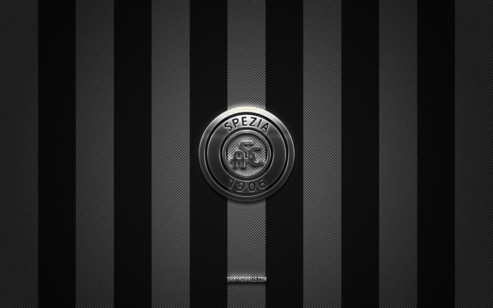 spezia calcio-logo, italienischer fußballverein, serie a, schwarz-weißer kohlenstoffhintergrund, spezia calcio-emblem, fußball, spezia calcio, italien, spezia calcio-silbermetalllogo