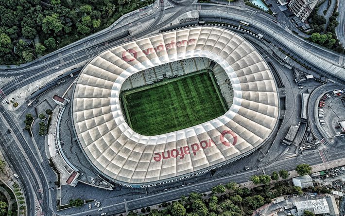 Vodafone Park, 4k, aerial view, Besiktas Stadium, Istanbul, Turkey, sports arenas, Turkish football stadium, Vodafone Arena, Besiktas JK, Istanbul panorama