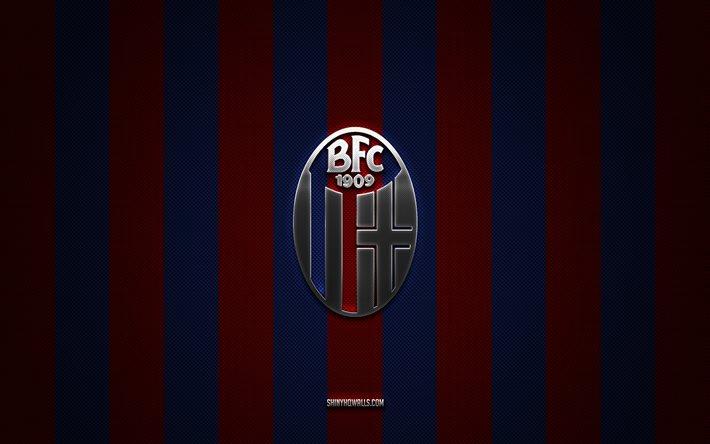 logotipo del bologna fc, club de fútbol italiano, serie a, fondo de carbono azul burdeos, emblema del bologna fc, fútbol, bologna fc, italia, logotipo de metal plateado del bologna fc