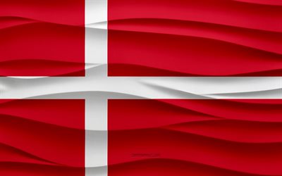 4k, Flag of Denmark, 3d waves plaster background, Denmark flag, 3d waves texture, Danish national symbols, Day of Denmark, European countries, 3d Denmark flag, Denmark, Europe, Danish flag