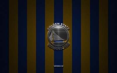 Golden State Warriors logo, american basketball team, NBA, blue yellow carbon background, Golden State Warriors emblem, football, Golden State Warriors silver metal logo, Golden State Warriors
