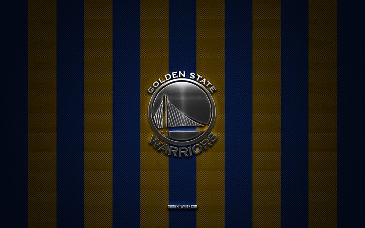 ゴールデンステイト ウォリアーズのロゴ, アメリカのバスケットボールチーム, nba, 青黄色の炭素の背景, ゴールデンステイト ウォリアーズのエンブレム, フットボール, ゴールデンステイト ウォリアーズのシルバー メタルのロゴ, ゴールデンステート・ウォリアーズ