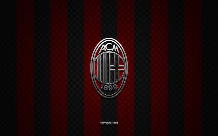 AC Milan logo, Italian football club, Serie A, red black carbon background, AC Milan emblem, football, AC Milan, Italy, AC Milan silver metal logo, Milan, Rossoneri