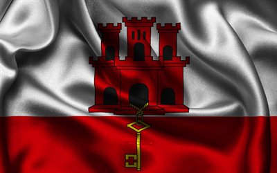 drapeau de gibraltar, 4k, les pays européens, les drapeaux de satin, le drapeau de gibraltar, le jour de gibraltar, les drapeaux de satin ondulés, les symboles nationaux de gibraltar, l europe, gibraltar