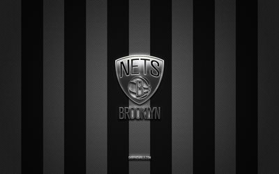 brooklyn nets logosu, amerikan basketbol takımı, nba, siyah beyaz karbon arka plan, brooklyn nets amblemi, basketbol, brooklyn nets gümüş metal logosu, brooklyn nets