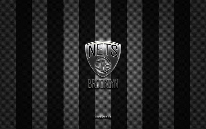 logo des brooklyn nets, équipe américaine de basket-ball, nba, fond carbone blanc noir, emblème des brooklyn nets, basket-ball, logo en métal argenté des brooklyn nets, brooklyn nets