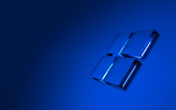 logo windows, 4k, logo in vetro windows blu, sfondo blu, emblema di windows, logo windows 3d, sistema operativo, windows, arte del vetro