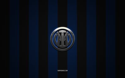 logo dell inter, squadra di calcio italiana, internazionale, serie a, sfondo blu carbone bianco, stemma dell inter, calcio, inter, italia, logo in metallo argentato dell inter